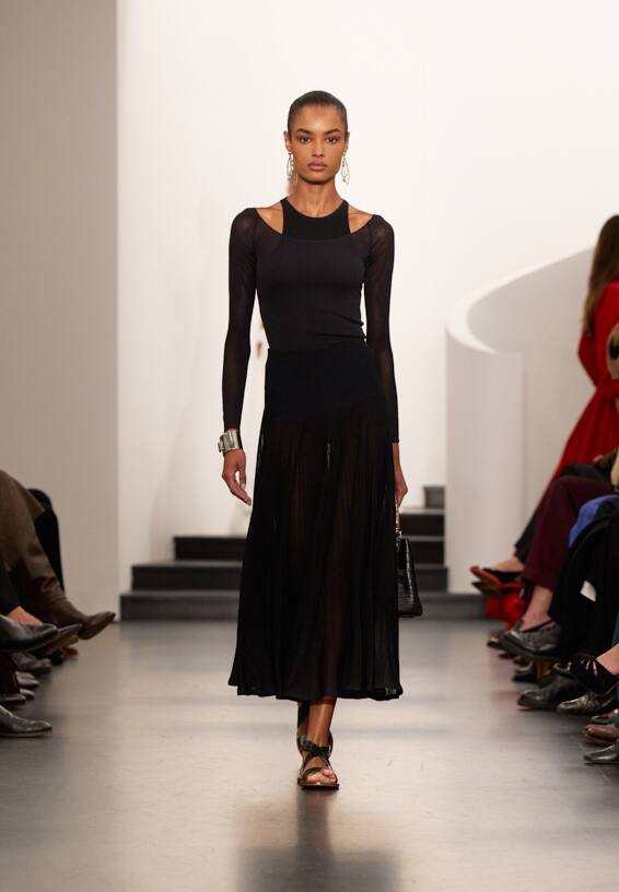 A look from Ralph Lauren’s Fall 2025 runway show shown on model.